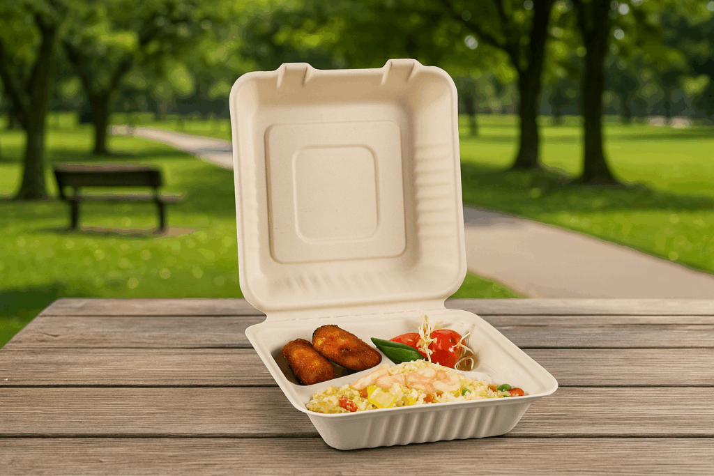 一個能耐高溫的植纖餐盒，正裝著美味食物橫放至公園桌子上