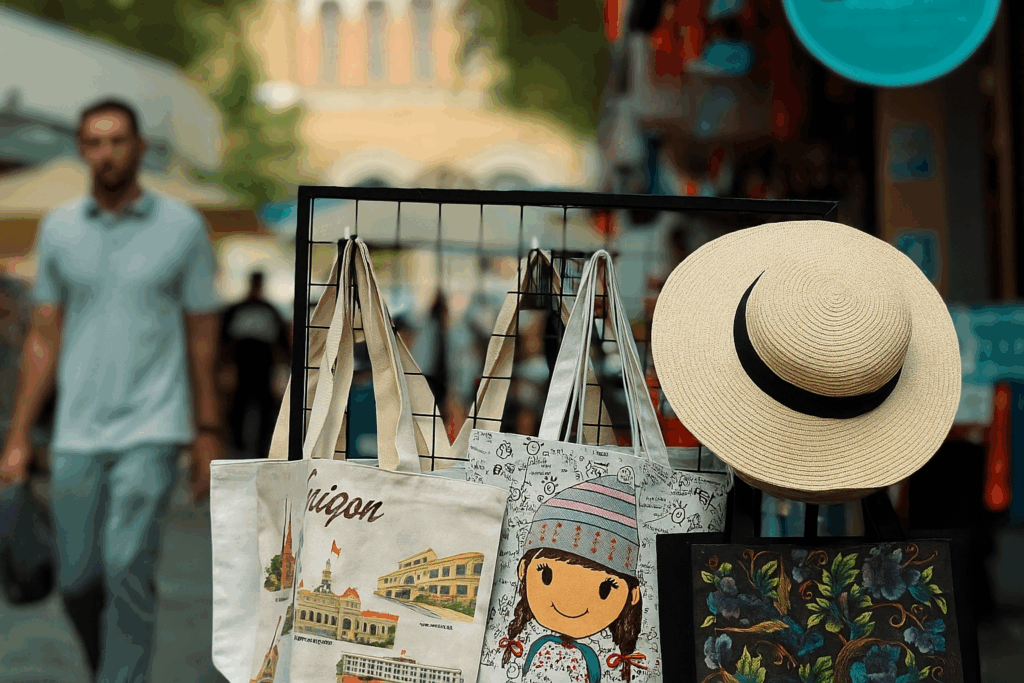 有好幾個具設計感的客製環保袋,掛在店門外準備進行銷售