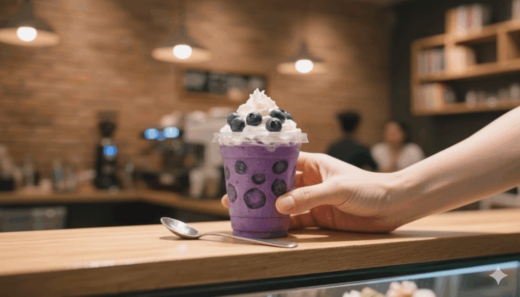 咖啡廳裡擺放一杯裝滿藍莓奶昔的PLA杯子,也是永續包裝實際行動的一環