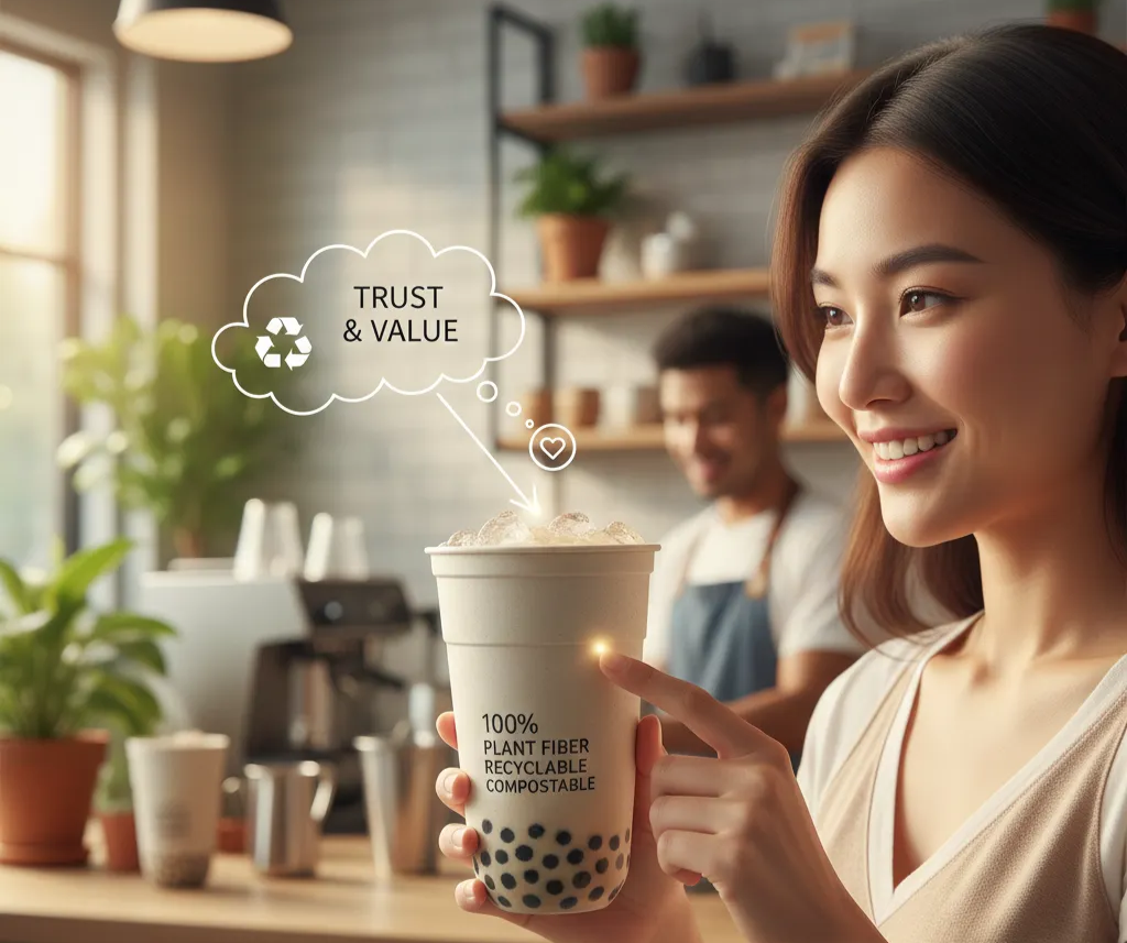 一個女生正拿著裝著飲料的植纖杯，非常開心的向朋友展示