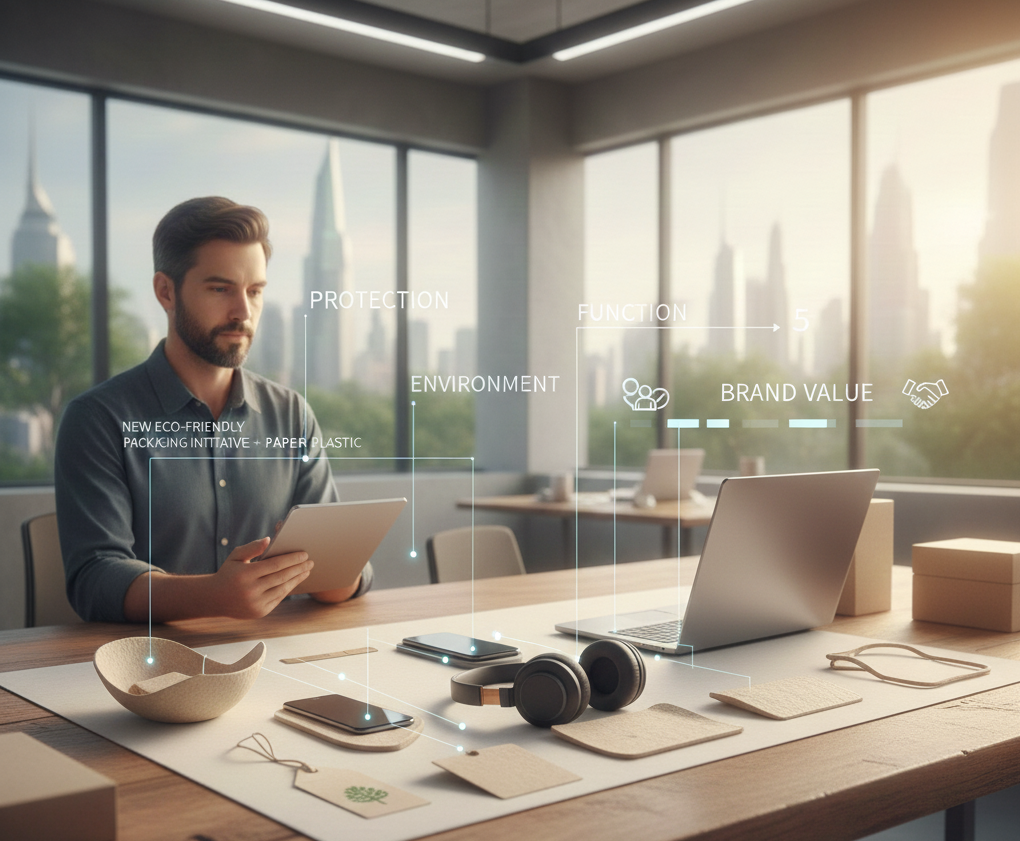 一個男性設計師正在思考，如何運用植纖增加產品的品牌價值