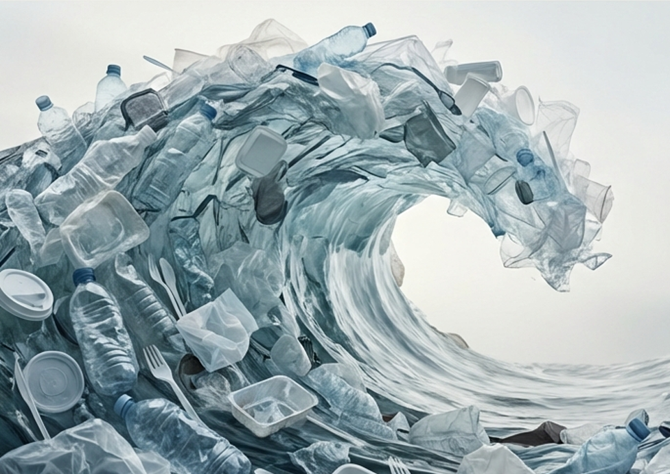 一堆環保容器 (eco-friendly package)、廢棄物聚集在一起，很像是一股浪潮