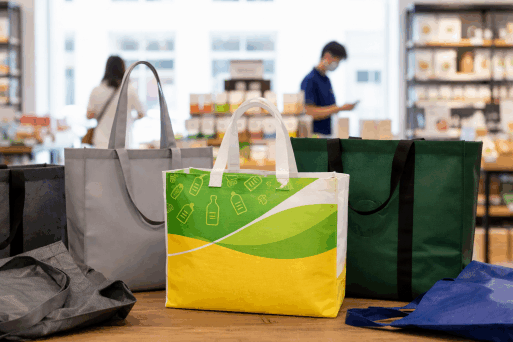有3種不同尺寸與設計的環保袋放在桌上，他也是永續禮贈品的最佳一環。