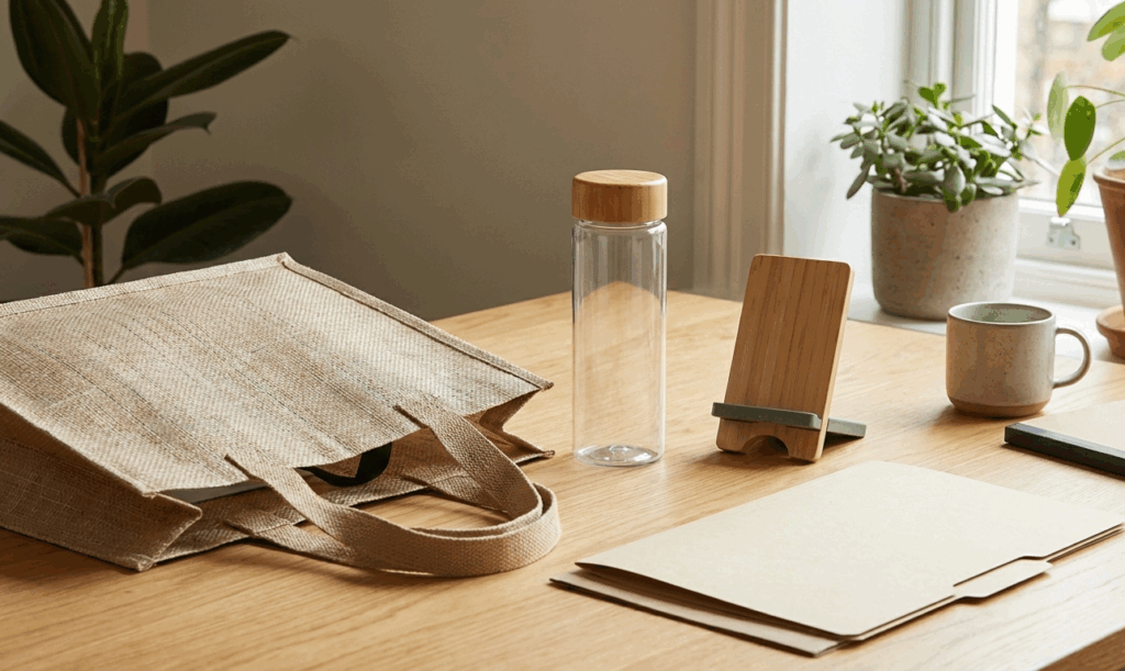 有一個原色環保袋，放在書桌上。其實，永續禮贈品也可以融入在日常生活。