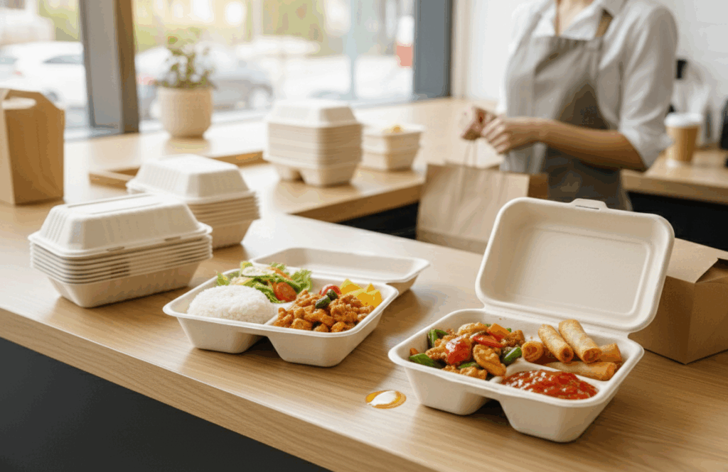 有植纖包材的餐盤正裝著美味中餐,放在桌上等著打包送給客戶