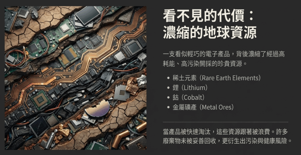 電子產品上有需多金屬材料或是塑料，都可再被回收利用。特別是再生塑膠的用途，可適用在許多領域