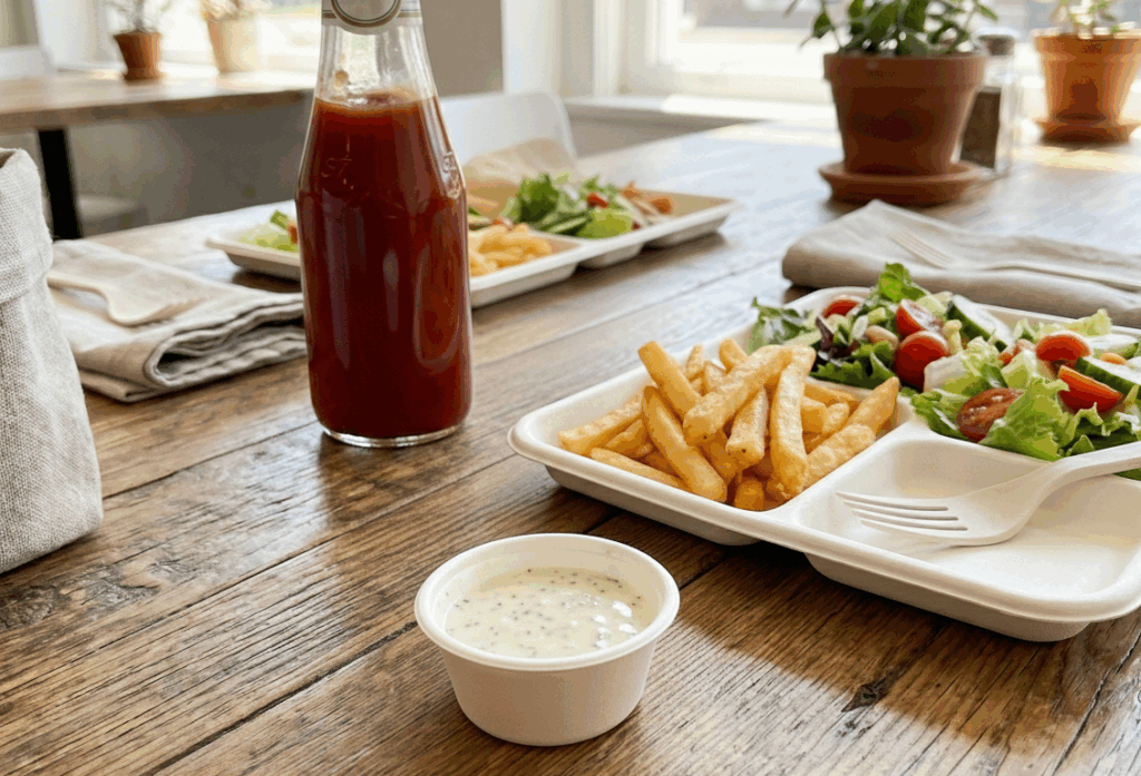 科惠提供符合永續發展與安全性的植纖醬料盒、植纖餐盤。