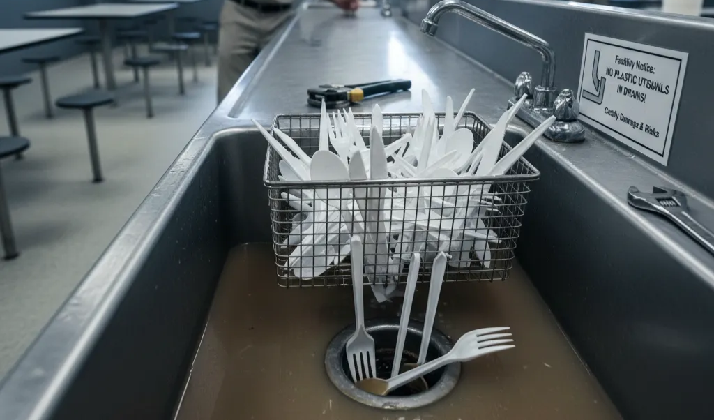 有許多塑膠刀叉及湯匙置放在洗碗槽，萬一掉入管路會造成阻塞。這時植纖餐具長期遇水軟化的特質，會是監獄更好的使用選擇。