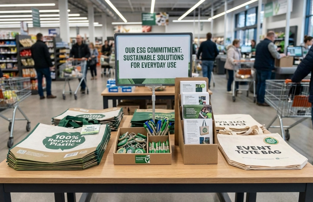 在賣場的桌子上，有再生塑膠製成的環保袋、文宣資料跟文具。