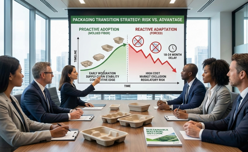 在開會桌上，擺放著紙漿模塑製成的包材，大家正在討論如何能夠邁向永續轉型。